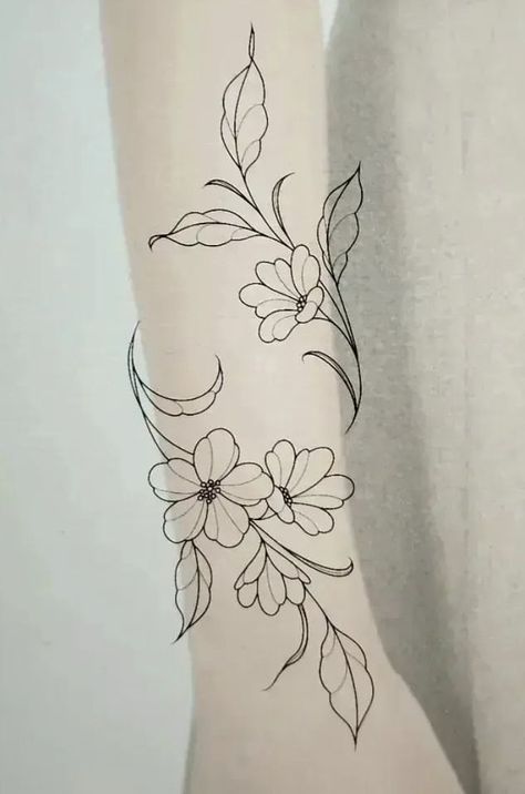 Wrapping Floral Tattoo, Flower Line Tattoo Arm, Flower Vine Tattoo Design, Flower Wrap Around Tattoo Stencil, Flower Tattoo Leg Woman, Delicate Floral Tattoo Design, Carnation Wrap Around Tattoo, Floral Tattoo Design Fine Line, Flower Vine Tattoo Arm Sleeve Stencil