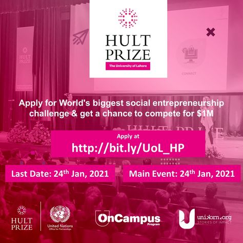 Apply for HULT PRIZE (University of Lahore). Apply for World's biggest social entrepreneurship challenge & get a chance to compete for $1M at United Nations. Join HULT PRIZE (University of Lahore) & get: 💡 CASH PRIZE OF $1M USD. 💡 Fully funded trip to UK for 2-month at Hult Global Accelerator (at Hogwarts) 💡 Chance to get incubated at Innovation & Incubation Center, UoL How to apply ? Step-1: Find a Problem that you want to Solve. If you have any business ideas about Food Crises, Do regist Hult Prize, Social Entrepreneurship, Cash Prize, United Nations, Business Ideas, Hogwarts, University, The Unit, How To Apply