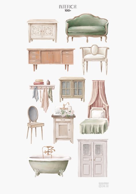 Vintage Furniture Drawing, Furniture Drawing, Object Illustration, Retro Frame, Drawing Interior, Decor Fireplace, Casas The Sims 4, Beautiful Scenes, Shop Illustration