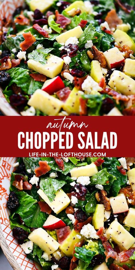 Autumn chopped salad is filled with chopped leafy greens, apples, cranberries, bacon, pecans and feta cheese. Life-in-the-Lofthouse.com Apple Lettuce Salad Recipe, Chopped Fall Pasta Salad, Harvest Chopped Salad, Fall Salad With Chicken, Fall Salad Recipes Thanksgiving, Autumn Apple Salad, Fall Salad Recipes Healthy, Apple Fall Salad, Winter Lettuce Salad