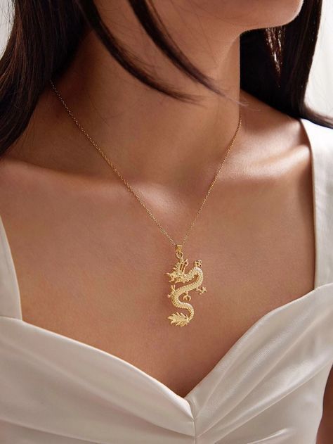 jewelry accessories 1pc Dragon Charm Necklace | SHEIN USA Cute Jewelry Jewelry Accessories Gold Dr Gold Dragon, Dragon Necklace, Dragon Jewelry, Dope Jewelry, Dragon Pendant, Fancy Jewellery, Girly Jewelry, Stylish Jewelry, Mulan