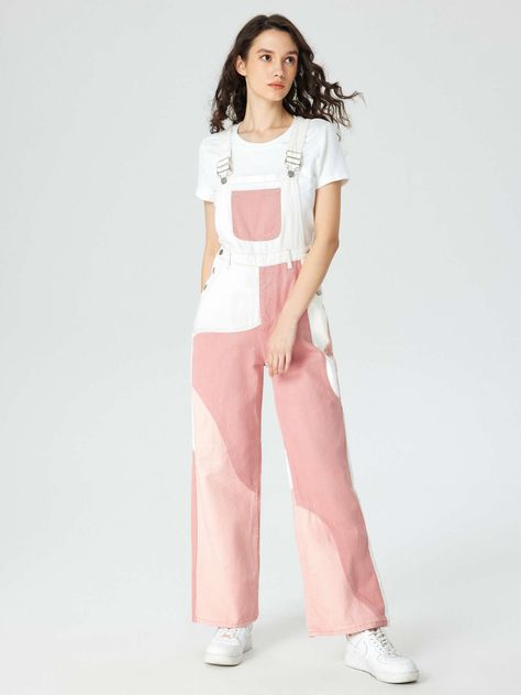 Denim Patchy Pinafore Wide Leg Jumpsuit - Cider Overalls Plus Size, Silky Pants, Cute Overalls, Wide Leg Romper, Trouser Outfits, Sweater Vests, White Patches, Patchwork Denim, Pink Jumpsuit