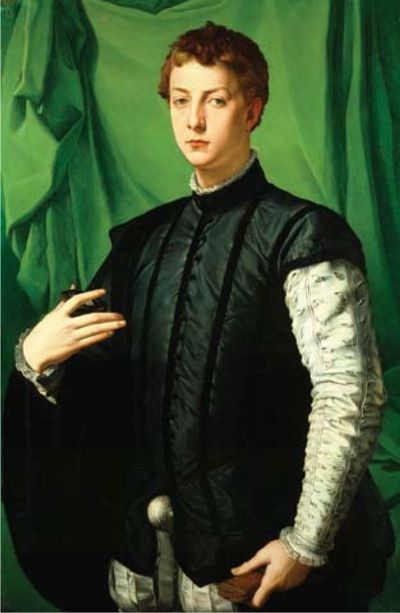 This image represents the Italian Renaissance period because of the closely-fitted jacket,the prominent cod piece,and the visible camicia at the edges around the neck and the wrists.Also the slashed sleeves are exemplary of the fashion during this period. 1550s Fashion, Agnolo Bronzino, Istoria Artei, Male Clothing, Art Ancien, Italian Painters, Century Clothing, November 23, November 17