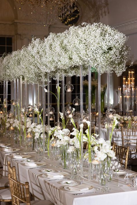 Wedding Table White, Pearl Bridal Shower, Hollywood Glamour Wedding, Flower Table Decorations, Dinner Party Table Settings, Gypsophila Wedding, White Wedding Decorations, Bridal Shower Inspo, Tulip Wedding