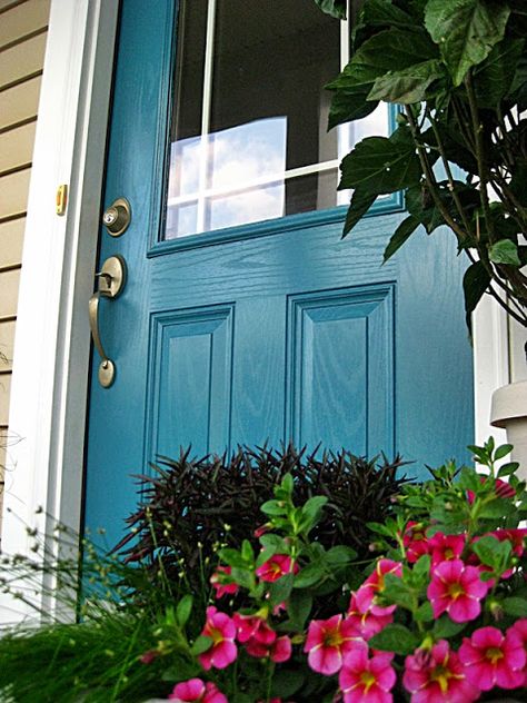 Paint Color ~ Benjamin Moore Calypso Blue Teal Front Doors, Teal Paint Colors, Blue Front Door, Door Paint, Black Shutters, Front Door Paint Colors, Teal Paint, Door Colors, Door Paint Colors