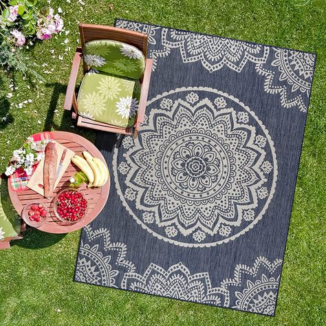 CAMILSON Outdoor Rug - Modern Area Rugs for Indoor and Outdoor patios, Kitchen and Hallway mats - Washable Outside Carpet (5x7, Medallion - Blue/White) Beach Porch, Outside Carpet, Terrace Pool, Bedroom Beach, Garden Kids, Outdoor Patios, Balcony Deck, Patio Balcony, Indoor Outdoor Rug