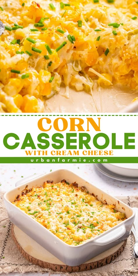 Looking for a simple summer side dish? This Corn Casserole with Cream Cheese can be made with fresh, frozen, or canned corn, and is creamy, cheesy, and full of flavor! What an easy summer dinner recipe for the family! Corn Casserole With Corn Meal, Mexican Corn Casserole With Yellow Rice, Corn Casserole Vegan, Cheesy Cream Corn Casserole, Creamed Corn Canned, Gluten Free Cream Corn Casserole, Best Corn Dishes, Easy Veg Side Dishes, Easy Cream Corn Casserole