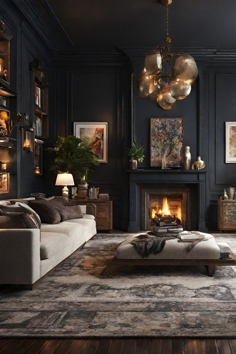 🏡 Explore the allure of Airi Studio's dark and moody living room. An exquisite blend of elegance and mystery, this space captivates the senses. ✨ #LivingRoomGoals #DarkDecor #AiriStudio #MoodyInteriors #InteriorDesignInspo #HomeDecorIdeas #ElegantLiving #InteriorInspiration #CozyLiving #SophisticatedSpaces Deep Blue Living Room, Dark Moody Living Room, Dark And Moody Living Room, Dark Academia Living Room, Salons Cottage, Moody Interior Design, London Living Room, Moody Living Room, Navy Living Rooms