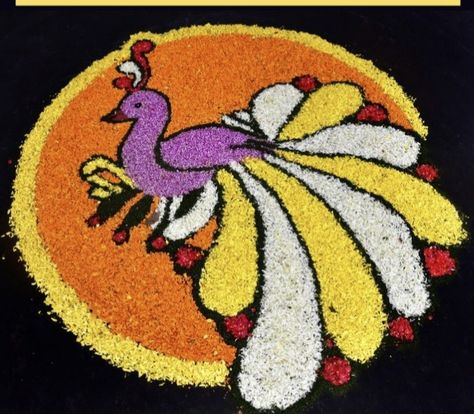 Peacock Rangoli Designs, Pookalam Design, Kites Craft, Peacock Rangoli, Easy Rangoli Designs Diwali, Rangoli Colours, Rangoli Designs Latest, Simple Rangoli Border Designs, Rangoli Borders