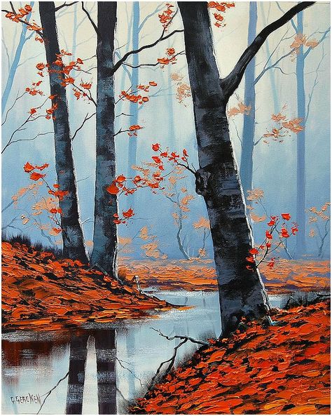 Fall Landscape Art, Autumn Oil Painting, Graham Gercken, Fall Tree Painting, Easy Landscape Paintings, Woodland Print, Let's Make Art, Fall Landscape, Red Fall