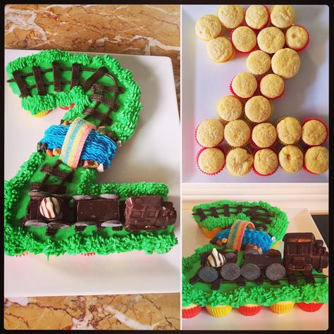 Number 2 Train Track Birthday Cake 2 Pull Apart Cupcakes Number, Number 2 Train Cake, 2 Cupcake Cake, 3 Birthday Ideas, Two Fast Two Curious, Two Fast Party, Train Cupcakes, Transportation Birthday Party, Pull Apart Cupcake