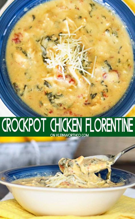 Chicken Florentine Soup, Florentine Soup, Crockpot Pasta, Spinach Cheese, Chicken Florentine, Chicken Spinach, Crockpot Soup Recipes, Spinach Recipes, Crock Pot Soup