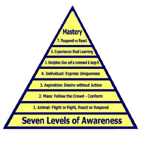 seven-levels-of-awareness Respond Vs React, Subconscious Mind Power, Science Words, Spiritual Psychology, How To Think, Levels Of Consciousness, Experiential Learning, Mind Power, Spiritual Enlightenment