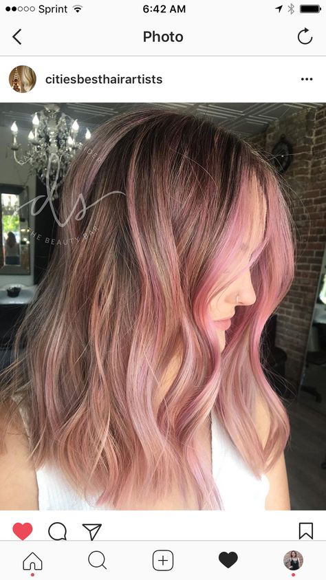 Light Pink Brunette Hair, Blonde Balayage Pink Peekaboo, Pastel Pink Hair Peekaboo, Brown Hair Pastel Pink Highlights, Blond And Pink Highlights On Brown Hair, Pink Baylage Hair Blonde, Bronde Balayage With Pink, Pink Light Brown Hair, Dirty Blonde Pink Highlights