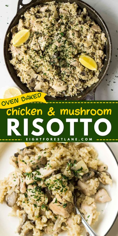 Out of simple weeknight dinner ideas? This Oven Baked Chicken and Mushroom Risotto is made with simple ingredients and will become a family favorite. Pin this easy recipe for weeknight dinner! Chicken Mushroom Risotto, Chicken And Mushroom Risotto, Baked Chicken And Mushrooms, Dinner For Family, Baked Risotto, Cooking Risotto, Weeknight Dinner Ideas, Chicken Risotto, Chicken And Mushroom