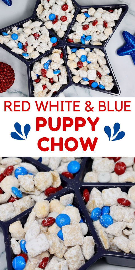 Celebrate in style with this festive Red, White, and Blue Puppy Chow! Perfect for holidays, parties, or any patriotic event, this sweet and crunchy treat is a crowd-pleaser. Click to get the recipe and add a colorful twist to your snack table! #PuppyChow #FestiveTreats #RedWhiteAndBlue #PartySnacks Blue Puppy Chow, Patriotic Puppy Chow, Stovetop Appetizers, Chex Snack Mix, Puppy Chow Recipe, White Chocolate Peanut Butter, Flavored Ice Cubes, Chow Recipe, Puppy Chow Recipes