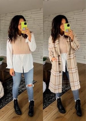 Beige Plaid Coat Outfit, Beige Flannel Outfits, Tan Plaid Shacket Outfit, Plaid V-neck Outerwear For Fall, Beige Flannel, Plaid Coat Outfit, Long Plaid Coat, Beige Plaid, Fall Jeans