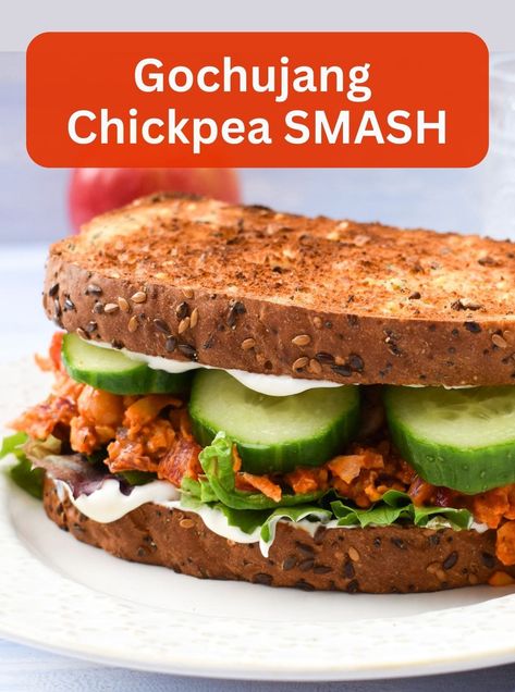 Vegan Gochujang Chickpea Smash for Sandwiches & Tacos Chickpea Sandwich Filling, Gochujang Chickpeas, Chickpea Smash, Vegan Gochujang, Gochujang Recipes, Vegan Sandwich Filling, Gochujang Recipe, Chickpea Sandwich, Best Vegan Cheese