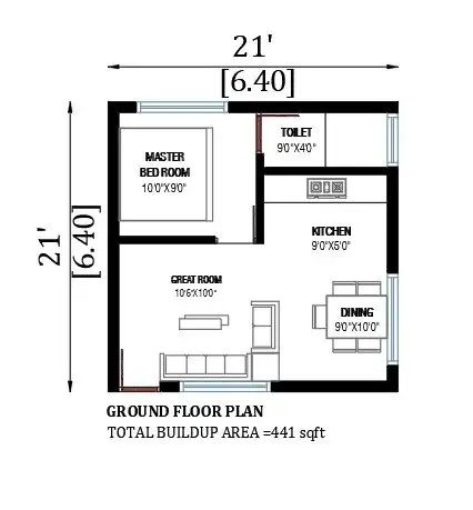 21’x21’ house plan has been given in this AutoCAD 2D drawing model. Download now. - Cadbull Small 1 Bhk House Plan, Floor Plan Presentation, 1bhk House Plan, Auto Cad Drawing, House Sketch Plan, Bachelor House, Mini House Plans, 20x30 House Plans, Drawing House Plans