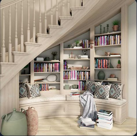 Under Stairs Nook, Stair Nook, درج السلم, تحت الدرج, Staircase Storage, Design Your Own Home, Under The Stairs, Home Library Design, Stair Case