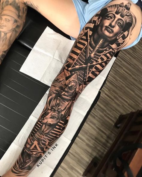 Leg Sleeve Tattoos, Best Leg Tattoos, Egyptian Tattoo Sleeve, Full Leg Tattoos, Egypt Tattoo, Traditional Tattoo Sleeve, Tattoo Inspiration Men, Back Of Shoulder Tattoo, Egyptian Tattoo