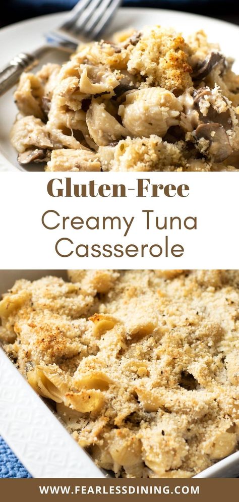 This delicious homemade gluten free tuna noodle casserole is pure comfort food. Enjoy this kid friendly meal any time! It is topped with a crispy panko topping. Gluten Free Tuna Noodle Casserole, Dairy Free Tuna Casserole, Creamy Tuna Casserole, Gluten Free Tuna Casserole, Tuna Noodle Casserole Easy, Casserole With Mushrooms, Gluten Free Casserole Recipes, Healthy Tuna Recipes, Gluten Free Panko