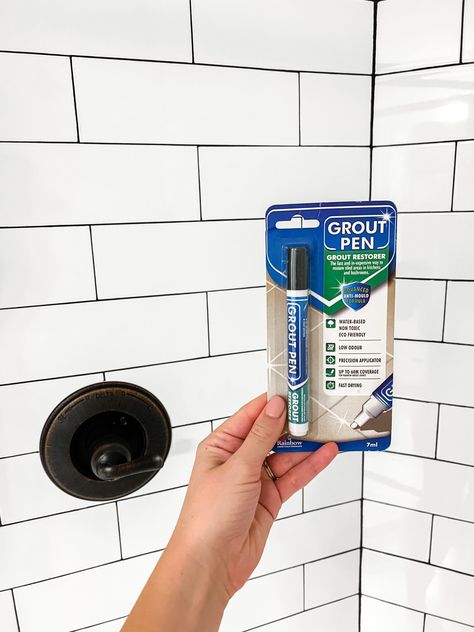 Update Your White Grout Shower (The Easy Way) Grout Pen Before And After, Grout Markers, Black Grout Bathroom, Shower Transformation, Clean Shower Grout, Easy Grout, Shower Grout, Bathroom Grout, Grout Stain