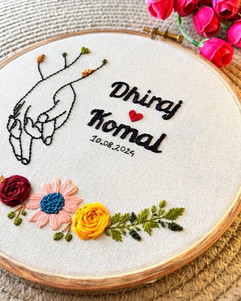 This very pretty Custom Hoop Art Embroidered for @komal_hemrajani 🫶 DM to Shop/CUSTOMISE ✅ Shipping all over India 📦 (Ring ceremony gift, embroidered gift, gifting, ring ceremony gift ideas, engagement gifts, handmade gifts, handmade embroidery, embroidered products, unique artwork, unique gifting, custom embroidery, Couple gift, couple gifting, handmade gifts , gifts for him, gifts for her) #embroidery #artwork #gifting #ringceremony #couplegifts #couplegift #enagement #engagementgift #f... Rukhvat Ideas, Wedding Gift Embroidery, Embroidery Couple, Embroidered Products, Artwork Unique, Hmong Embroidery, Embroidery Artwork, Drawings For Boyfriend, Ring Ceremony