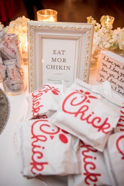 Fun Food Wedding Ideas, Fast Food At Wedding, Wedding Reception Late Night Food, Chick Fil A Wedding Reception, End Of Night Wedding Food, Cheap Wedding Snacks, Late Night Food Wedding, Chickfila Wedding, Chick Fil A Wedding Catering