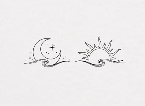 Matching Flash Art Tattoos, Best Friend Sun Moon Tattoo, Small Matching Moon Tattoos, Sun And Moon With Waves Tattoo, Sun And Moon Tattoo Together, Couple Tattoo Sun And Moon, Best Friend Sun And Moon Tattoos, Sun Moon Friendship Tattoo, Sun And Moon Friend Tattoo