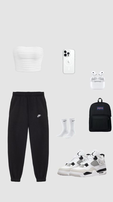 #outfit #ootd #white #whiteoutfit #nike #jordan4s #jordan #b&w Black Nike Pants Outfits, Baddie Outfits With Jordan 4s, Baddie Outfits With Jordans, Outfit With Jordan 4, Outfits With Jordan 4s, Glowup Checklist, Outfits With Air Jordans, Fits With Jordans, Outfit Ideas With Jordans