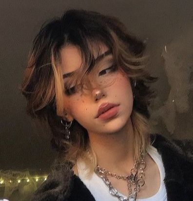 Neck Short Haircut, Shaggy Female Mullet, Short Haircuts With Highlights Brunettes, Stargirl Haircut, Goth Aesthetic Hairstyle, Short And Choppy Hairstyles, Died Wolfcut Hair, Cute Grunge Haircuts, Hair Inspiration For Round Face