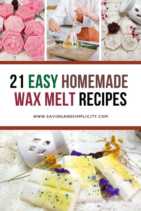 Save yourself a ton of cash and make your own homemade wax melts at home using these 21+ easy wax melt recipes. Amazing scents like vanilla, lavender rosemary, pumpkin spice and more. Best Wax Melt Scents, Diy Scentsy Wax Melts, Essential Oil Wax Melt Recipes, Diy Wax Warmer Scents, Wax Melt Fragrance Recipes, Wax Melt Recipes Diy, Wax Melts Diy Recipes, Make Your Own Wax Melts, How To Make Soy Wax Melts