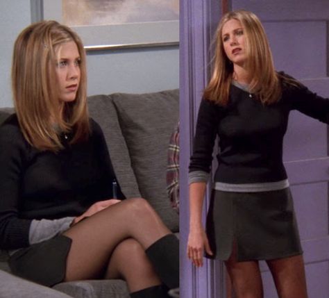 Rachel Green Outfits Thanksgiving, Rachel Green Cardigan Outfit, Work Outfits Rachel Green, Rachel Green Season 5 Outfits, Friends Show Fashion, Rachel Green In Green, Rachel Green Skirt Outfits, Rachel Green Waitress Outfits, Rachel Green Fall Outfits