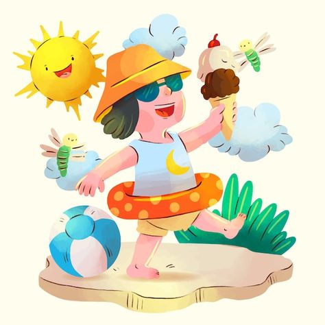 Free vector watercolor illustration for ... | Free Vector #Freepik #freevector #summer-illustration #summer-watercolor #summer-season #summer-time Summer Season Illustration, Summer Illustration Art Drawings, Summertime Illustration, Summer Season Drawing, Season Craft, Sensory Language, Summer Illustrations, Summer Drawings, Seasons Posters