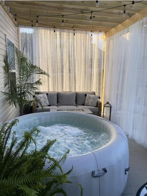 Hot Tub Basement Ideas, Hot Tub With Tv Ideas Backyard, Blow Up Hot Tub In Shed, Hot Tub In House, Backyard Inflatable Hot Tub Ideas, Garage Hot Tub Ideas, Saluspa Hot Tub Ideas, Outdoor Inflatable Hot Tub Ideas, Backyard Jacuzzi Ideas