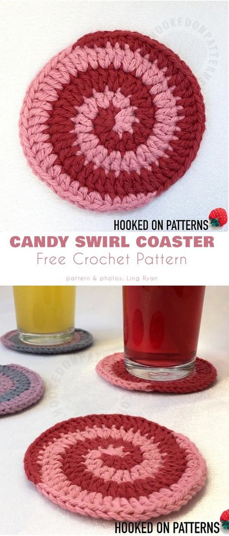 Candy Swirl Coasters Crochet Cup Coaster, Coaster Patterns, Crocheted Coasters, Spiral Crochet, Crochet Coasters Free Pattern, Micro Crochet, Crochet Placemats, Mug Rug Patterns, Crochet Coaster Pattern