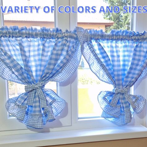 Stove Towels, Country Valances, Curtains Farmhouse, Ruffle Curtains, Gingham Tablecloth, Plaid Curtains, Textile Recycling, Desain Pantry, Light Blue Plaid