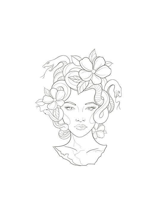 Medusa Tattoo Floral, Medusa Tattoo Stencil Outline, Small Medusa Tattoo Stencil, Medusa Tattoo Stencil Simple, Fineline Medusa Tattoo, Medusa Flower Tattoo, Medusa Tattoo Linework, Line Medusa Tattoo, Medusa With Flowers Tattoo