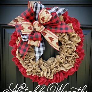 Buffalo plaid farmhouse wreath burlap monogram farmhouse | Etsy Rustic Tree Topper, Burlap Wreaths For Front Door, Christmas Burlap Wreath, Hydrangea Wreath Summer, Front Door Rustic, Ruffle Wreath, Hydrangea Wreath Spring, Fall Hydrangea Wreath, Summer Burlap Wreath