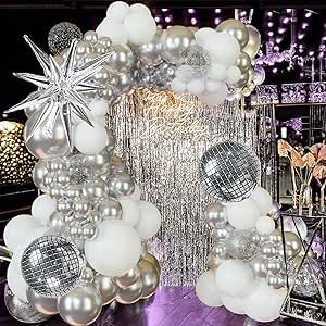 ECEAE Disco Party Balloon Garland Arch Kit 134 Pcs Metallic Silver Matte White Confetti Balloons Disco balls Ideal for Adult Birthday Dancing Theme Decor Graduation Party Celebrity-Inspired Events Party Balloon Garland, Balloon Wreath, Dance Decorations, Dance Themes, Disco Theme, White Confetti, Garland Arch, Silver Party, Disco Balls