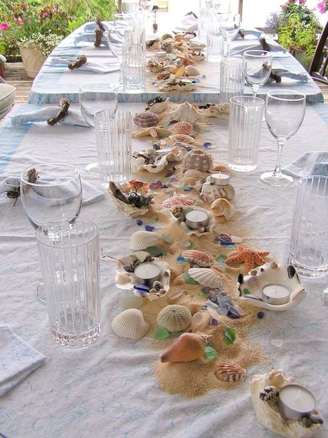 Beach Combing Table theme.  I would not really want this, but I just wanted you to see this. Beach Themed Kitchen Decor, Diy Wedding Reception Decorations, Beach Centerpieces, Themed Centerpieces, Beach Wedding Tables, Beach Wedding Centerpieces, Diy Wedding Reception, Beach Table, Beach Party Decorations