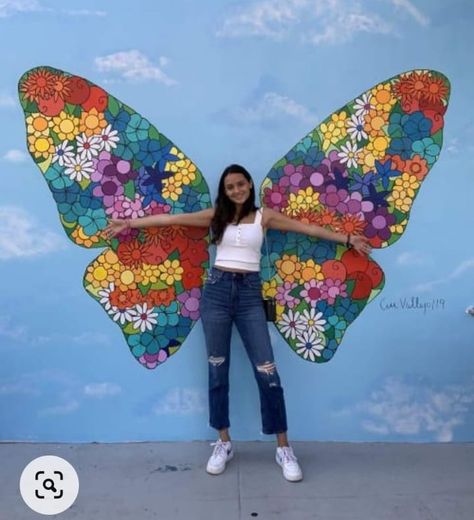 Butterfly Mural, Beach Library, Hispanic Artists, Angel Wings Wall Art, Selfie Wall, Garden Mural, Angel Wings Wall, Afrique Art, School Murals