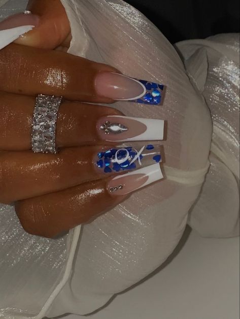 Royal Blue Prom Nails, Blue Prom Nails, Prom Nail Designs, Royal Blue Nails, Gold Acrylic Nails, Blue French Tips, Formal Nails, Royal Blue And Gold, Gem Nails