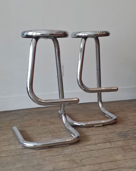 70s Bar Stools, Chrome Objects, Bar Stools Design, Silver Bar Stools, Chrome Furniture, Chrome Decor, Interior Objects, Chrome Bar Stools, Chrome Interior