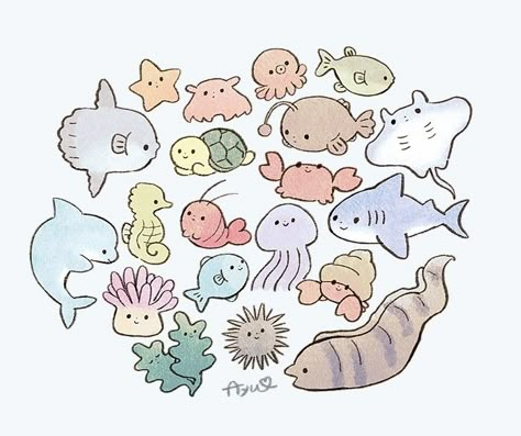 Sea Creatures Drawing, Doodles Cute, Sea Drawing, Sea Creatures Art, Ocean Drawing, 귀여운 음식 그림, Animal Doodles, Creature Drawings, Little Drawings