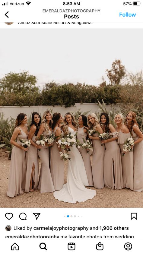 Cream Maid Of Honor Dress, Crepe Taupe Bridesmaid Dresses, Oat Bridesmaid Dresses, Chiffon Taupe Bridesmaid Dress, Champagne Wedding Inspiration, Neutral Earthy Wedding, Sand Bridesmaids Dresses, Azazie Champagne Bridesmaid Dresses, Bridesmaid Beige Dresses