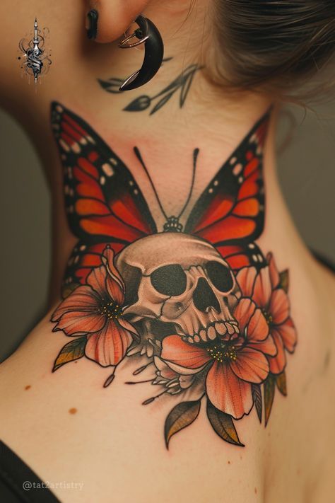 Back Neck Tattoo For Women, Tattoo Cover Up Ideas For Women, Skull Neck Tattoo, Neck Tattoo Ideas Female, Woman Neck Tattoo, Pretty Neck Tattoos Women, Red Ink Tattoo Ideas, Baddie Leg Tattoos, Neck Tattoos For Women