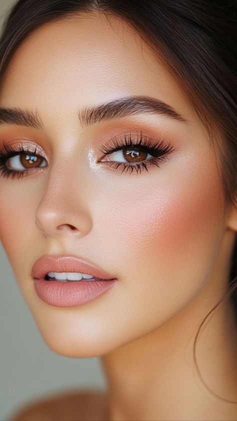 Simple Makeup Bridal Look, Bridesmaids Makeup For Brown Eyes, Simple Makeup Looks For Big Eyes, Romantic Soft Glam Wedding Makeup, Natural Glam For Brown Eyes, Pale Bridesmaid Makeup, Wedding Makeup For Brown Eyes White Skin, Makeup For A Navy Dress, Natural Makeup For Brown Eyes Wedding