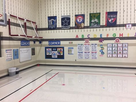 Physical Education Decorations, Elementary Gym Decorations, Pe Office Decor, Elementary Pe Gym Decorations, Pe Office Ideas, Pe Storage Ideas, Pe Gym Decorations, Pe Classroom Decor, Pe Teacher Office